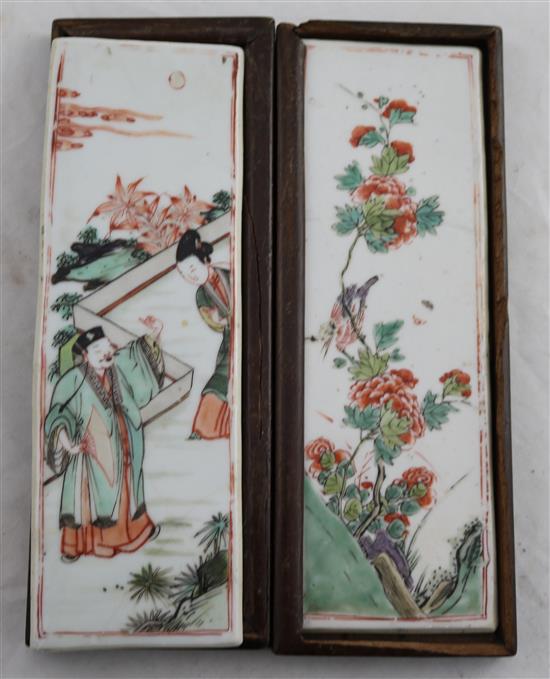 Two Chinese famille verte plaques, Kangxi period, 19.5 x 6.5cm, restorations